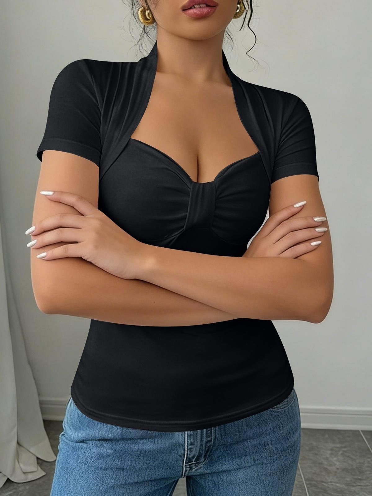 Sweetheart Neck Ruched Front T-Shirt Women Short Sleeve Slim Fit Stretch Tee Solid Color Fitted Casual Top Daily Work Travel Streetwear S-XXL