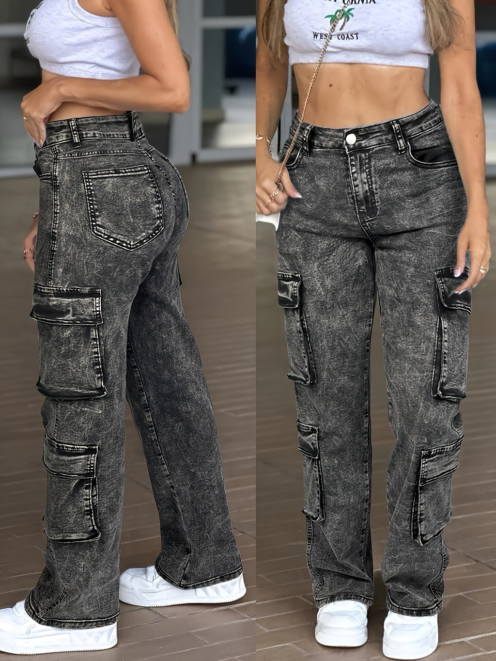 Multi Pocket High Waist Straight Leg Jeans Women Stretch Work Casual Heavy Wash Denim Pants XS-XL