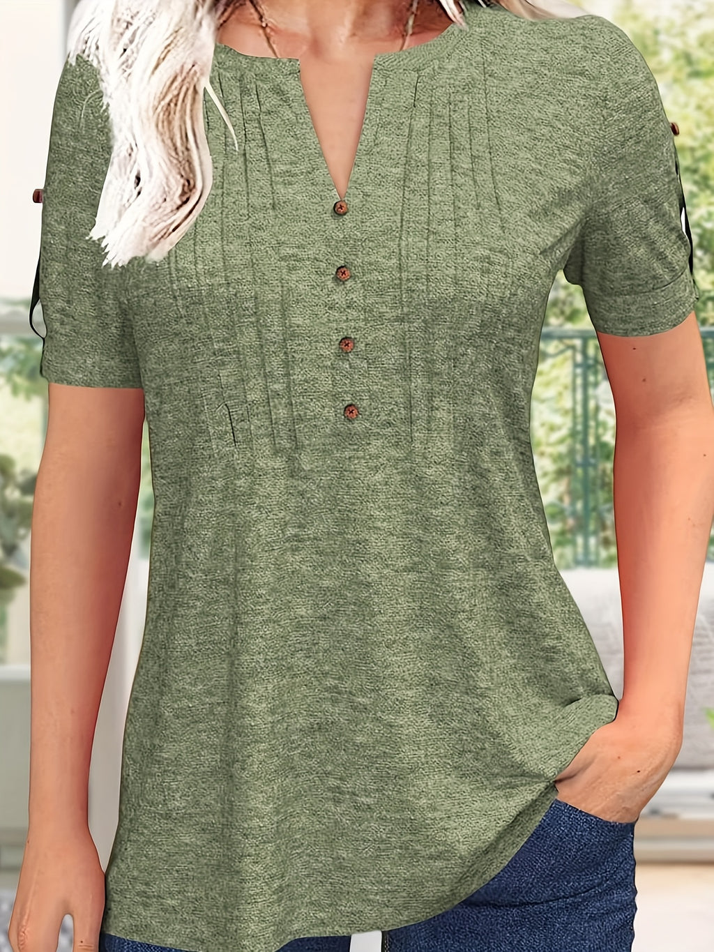 Button Front V-Neck Top Women Pleated Detail Short Sleeve Solid Color Casual Summer Blouse Lightweight Breathable Machine Washable