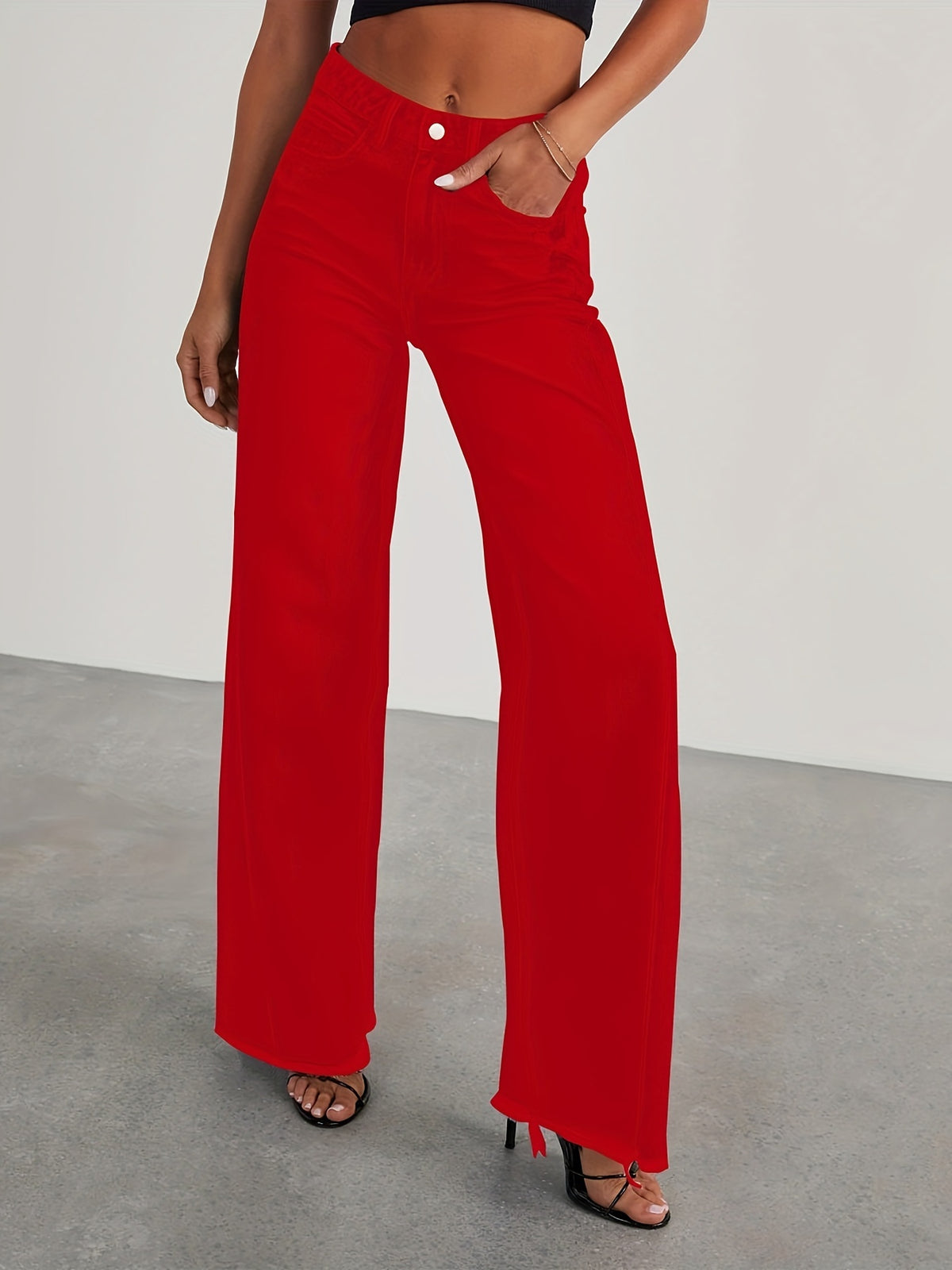 High-Waisted Wide Leg Jeans for Women - Casual Baggy Stretch Denim Pants with Pockets, Relaxed Fit Solid Color Trousers for Everyday & Weekend Wear