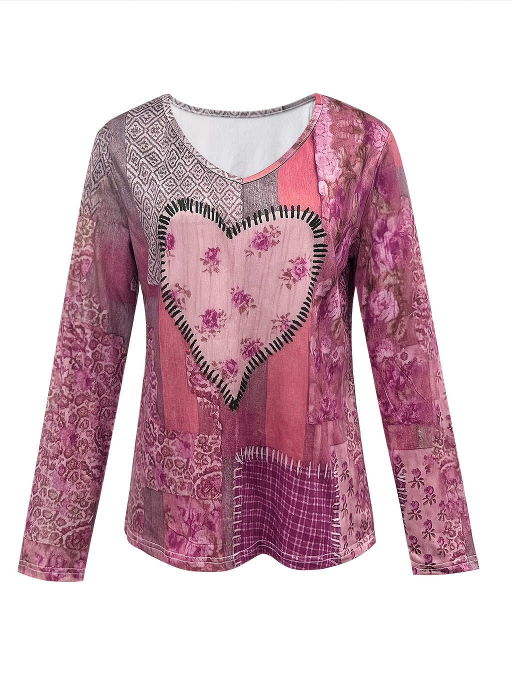 Heart Floral Patchwork Long Sleeve T-Shirt Women Vintage Retro V-Neck Loose Fit Casual Outdoor Fall Winter Top Soft Stretch Red S-XXL
