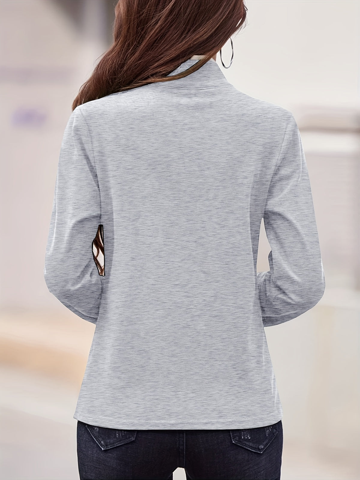 Zipper Collar Blouse Women Elegant Metal Zipper Accent Solid Color Stretchy Casual Formal Spring Summer Top S M L XL XXL