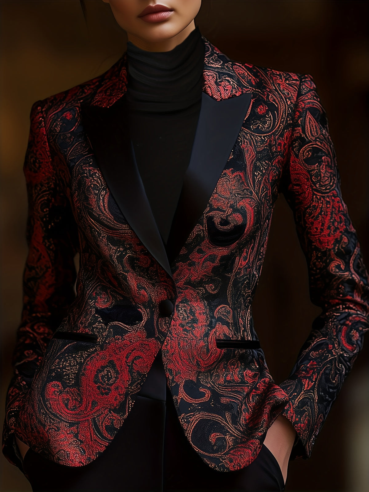 Paisley Print Blazer for Women Satin Stitching Long Sleeve Urban Elegance Cachemire Motif Woven Jacket Black S-XXL
