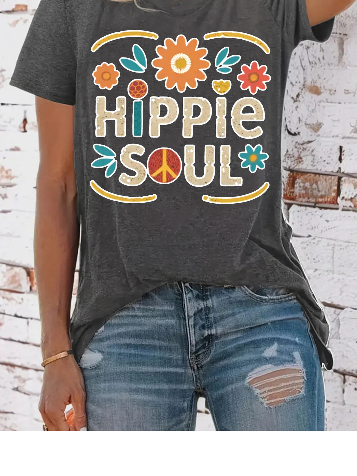 Hippie Soul Boho Graphic Tee Women Vintage Floral Print Festival Casual Comfortable Blend T-Shirt 5 Colors S-XXL