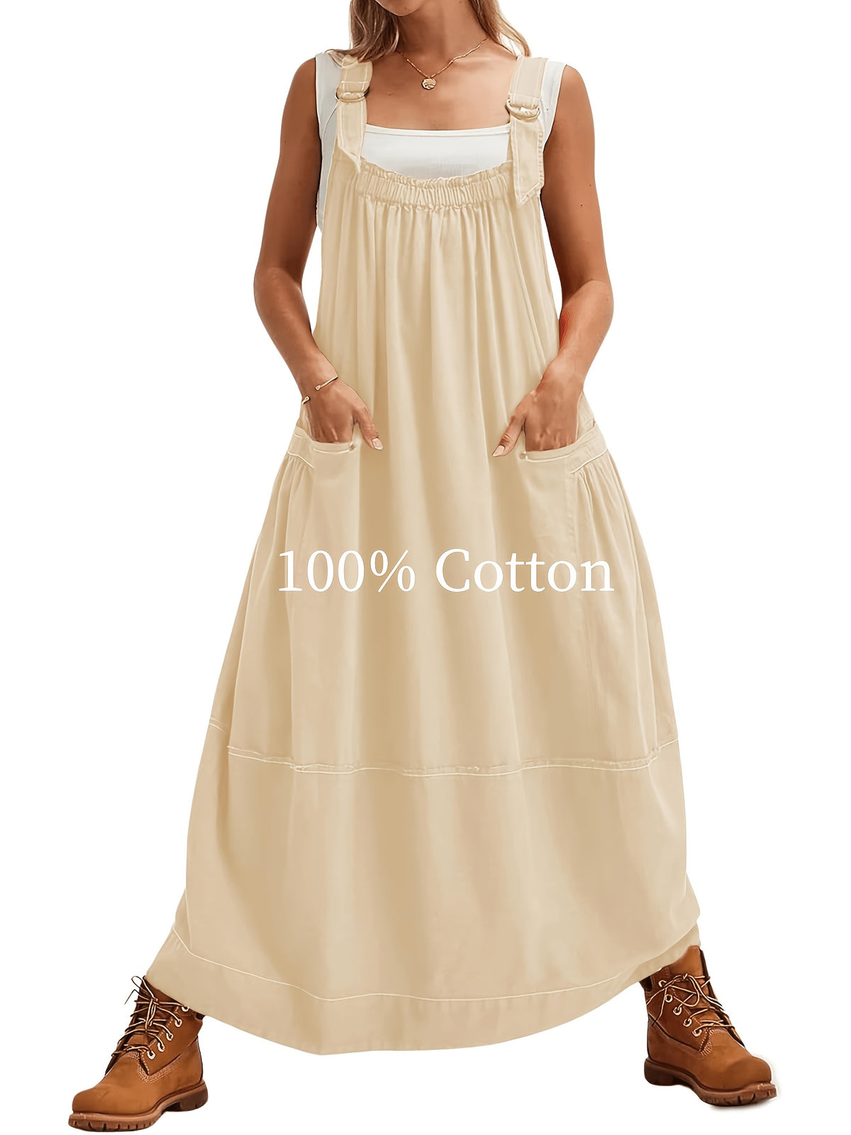 Overall Dress Women Loose Adjustable Strap Midi Length Big Pockets Workwear Casual Bib Jumper Dress Spring Summer S M L XL XXL