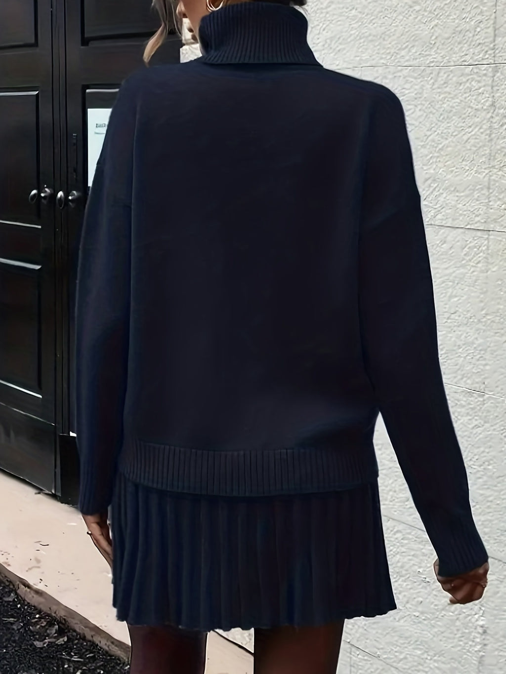 High-Neck Sweater Pleated Skirt Two-Piece Set Women Elegant Drop Shoulder Long Sleeve | Chic Knit Top + Pleated Skirt Co-Ord for Fall Winter Office & Daily Wear