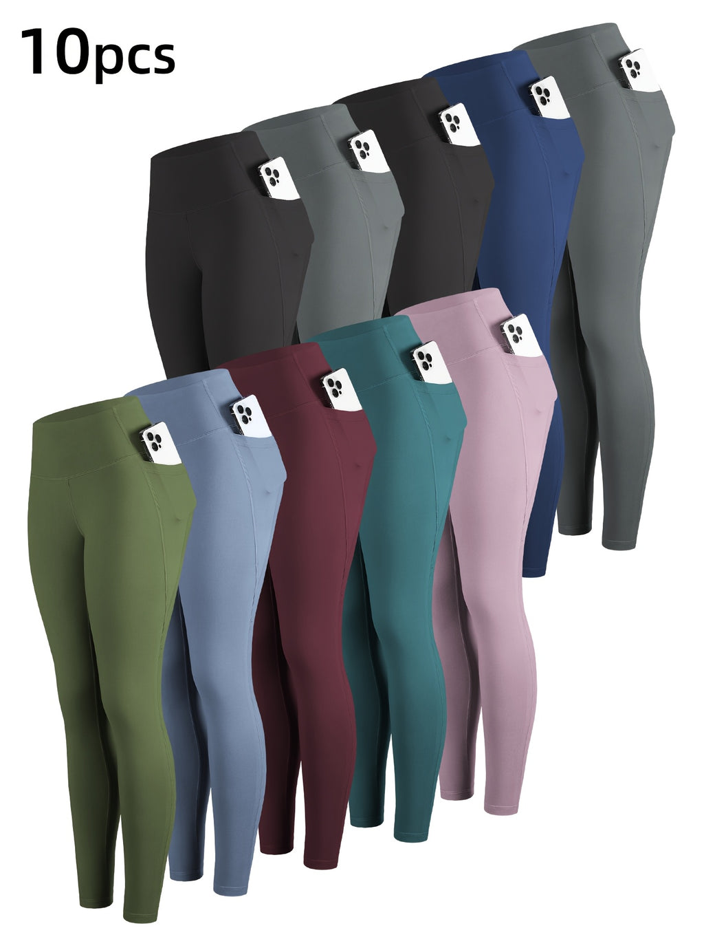 10pcs Solid Color High Waisted Leggings for Women – Cropped Tight Leggings with 2 Pockets, Multicolor
