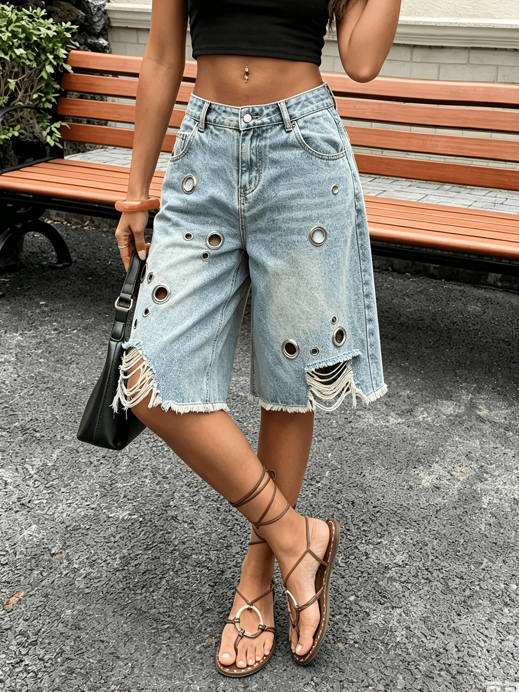 Ripped Denim Shorts Women Street Style Metal Eyelet Detail Sky Blue Casual Edgy Jean Shorts Summer Fashion