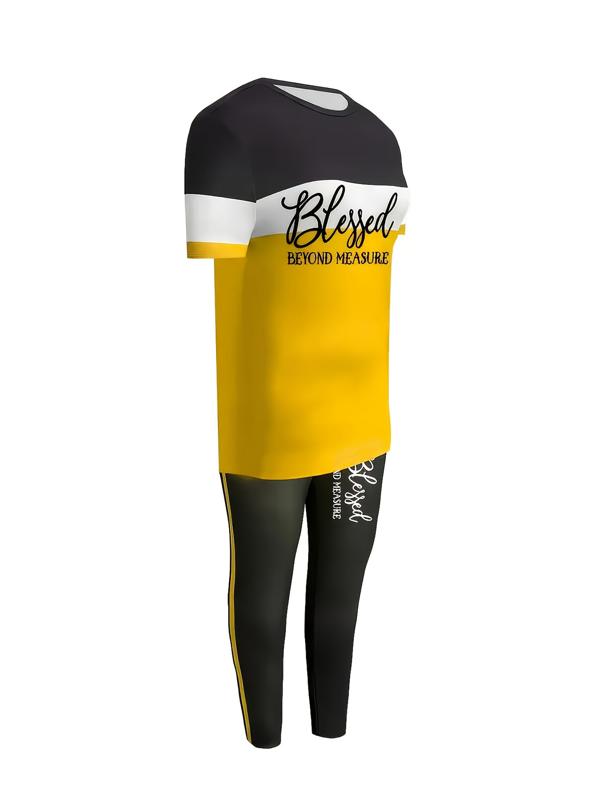 BLESSED Letter Print 2 Piece Outfit Women Color Block T-Shirt & Pocket Pants Set Casual Matching Loungewear Tracksuit Spring Summer