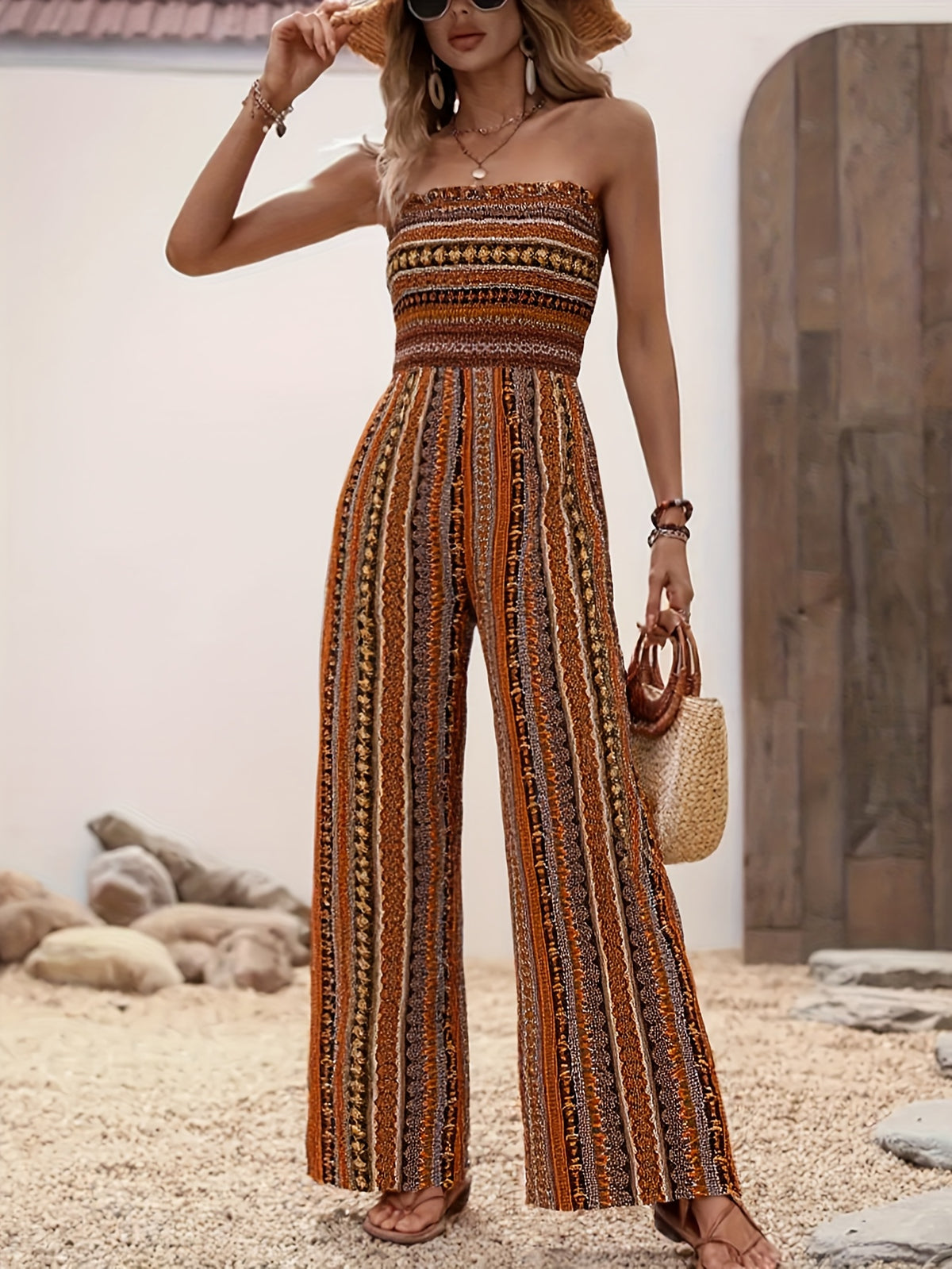 Strapless Striped Wide-Leg Jumpsuit Women Black White Smocked Tube Top Casual Loose Summer Vacation Romper S-XXL