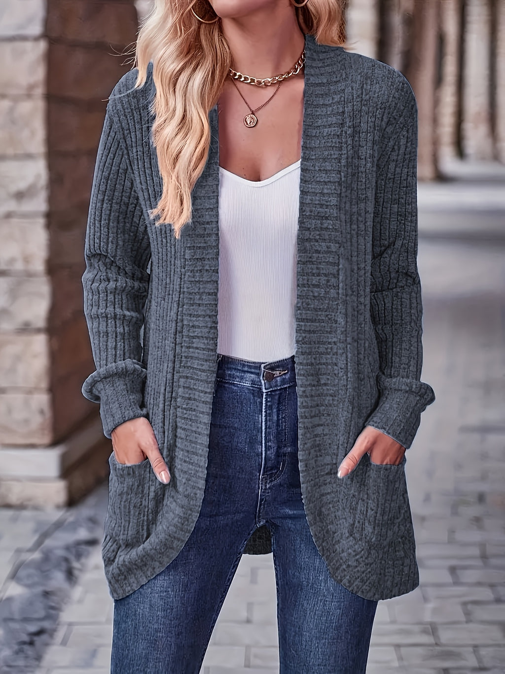 Cardigan Collar Loose Blouse Women Knit Pocket Long Sleeve Solid Color Casual Elegant Top 10 Colors Stretch Everyday Wear S-XXL