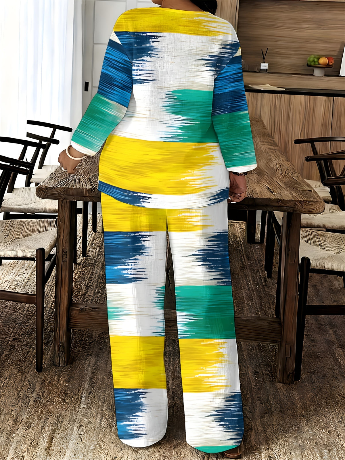 V-Neck Long Sleeve Printed Shirt Pants 2pcs Set Women Floral Digital Print Elastic Waist Casual Loungewear Spring Summer Two-Piece Outfit 15 Colors S-XXL