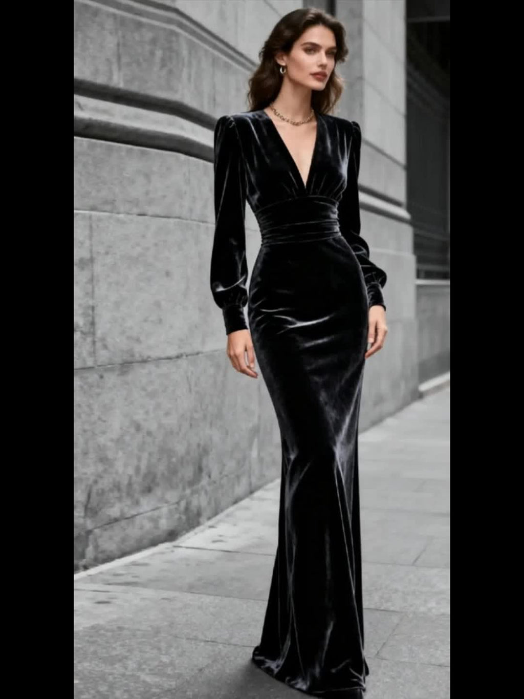 Black Velvet Deep V-Neck Fitted Floor Length Dress Women Formal Evening Party Gown Fall Winter Elegant S-XXL