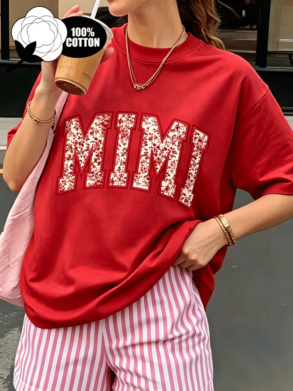 Floral MIMI Print Women T-Shirt Short Sleeve Loose Crew Neck Casual Graphic Tee Breathable Lightweight Everyday Top