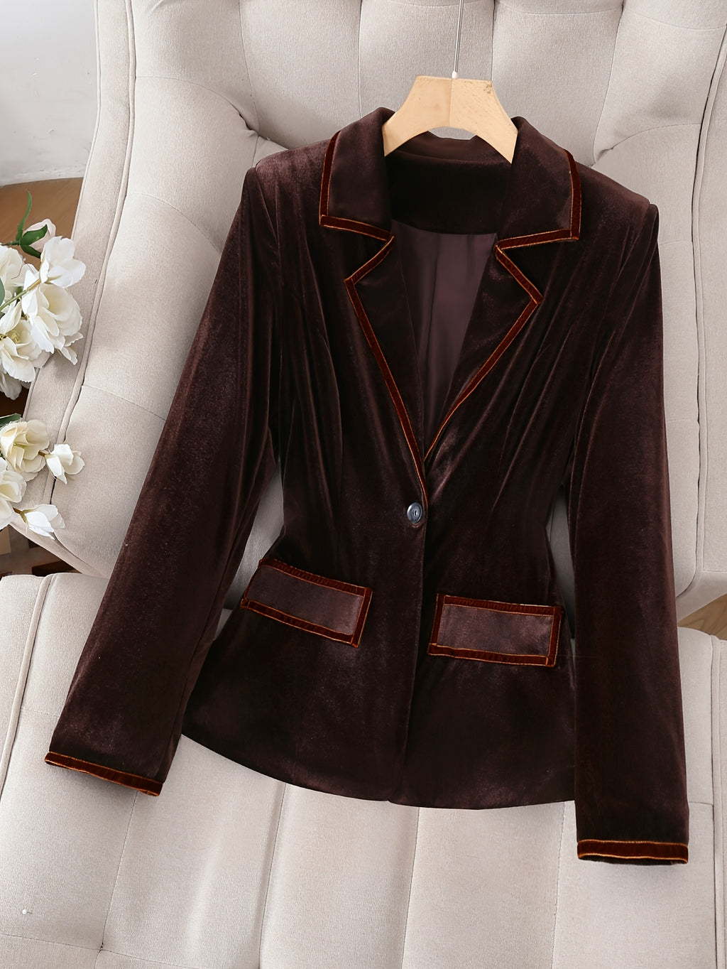 Dark Brown Velvet Blazer Women Contrast Piping Single Breasted Long Sleeve Elegant Casual Social Occasion