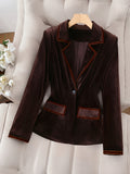 Dark Brown Velvet Blazer Women Contrast Piping Single Breasted Long Sleeve Elegant Casual Social Occasion