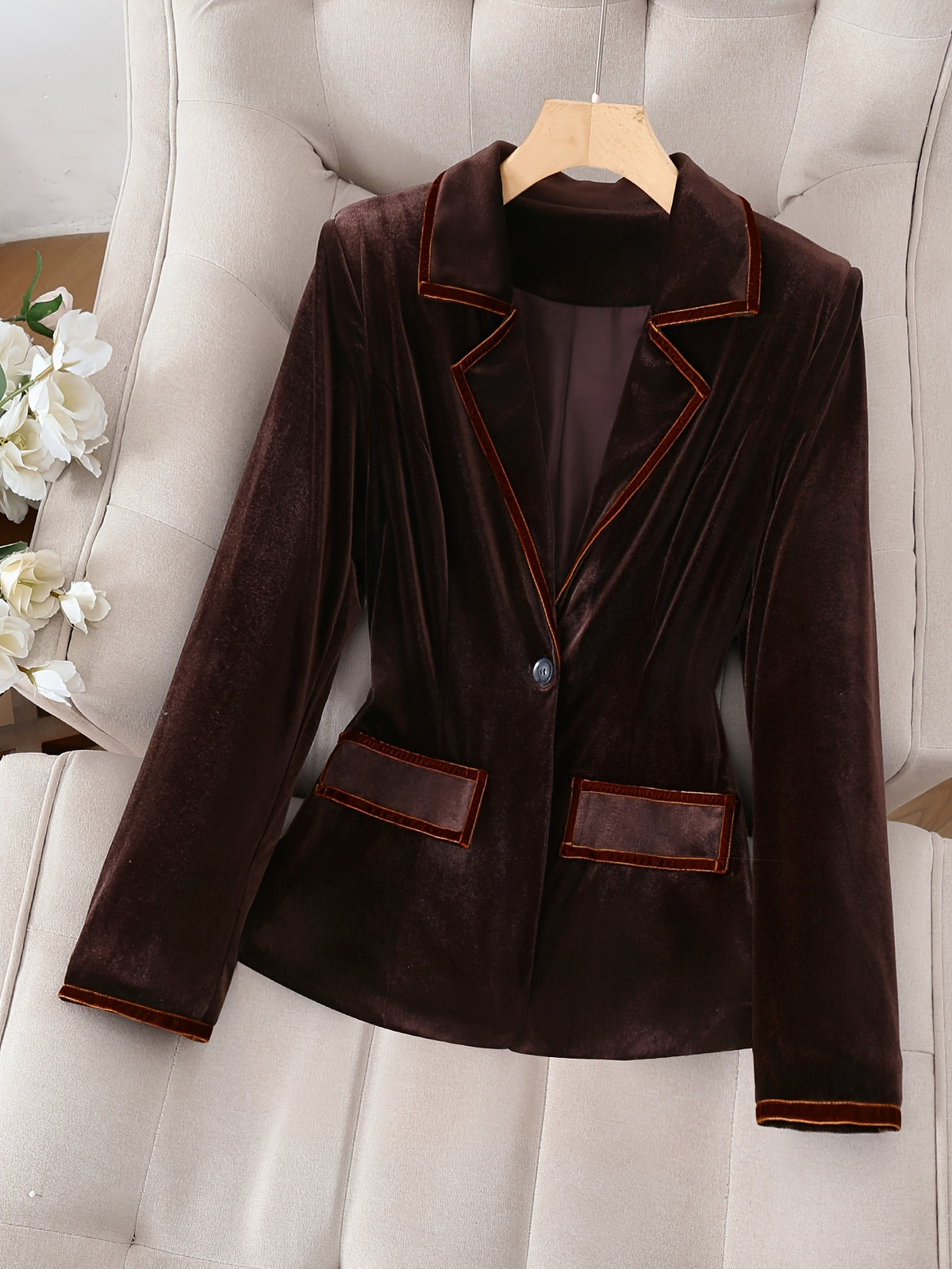 Dark Brown Velvet Blazer Women Contrast Piping Single Breasted Long Sleeve Elegant Casual Social Occasion