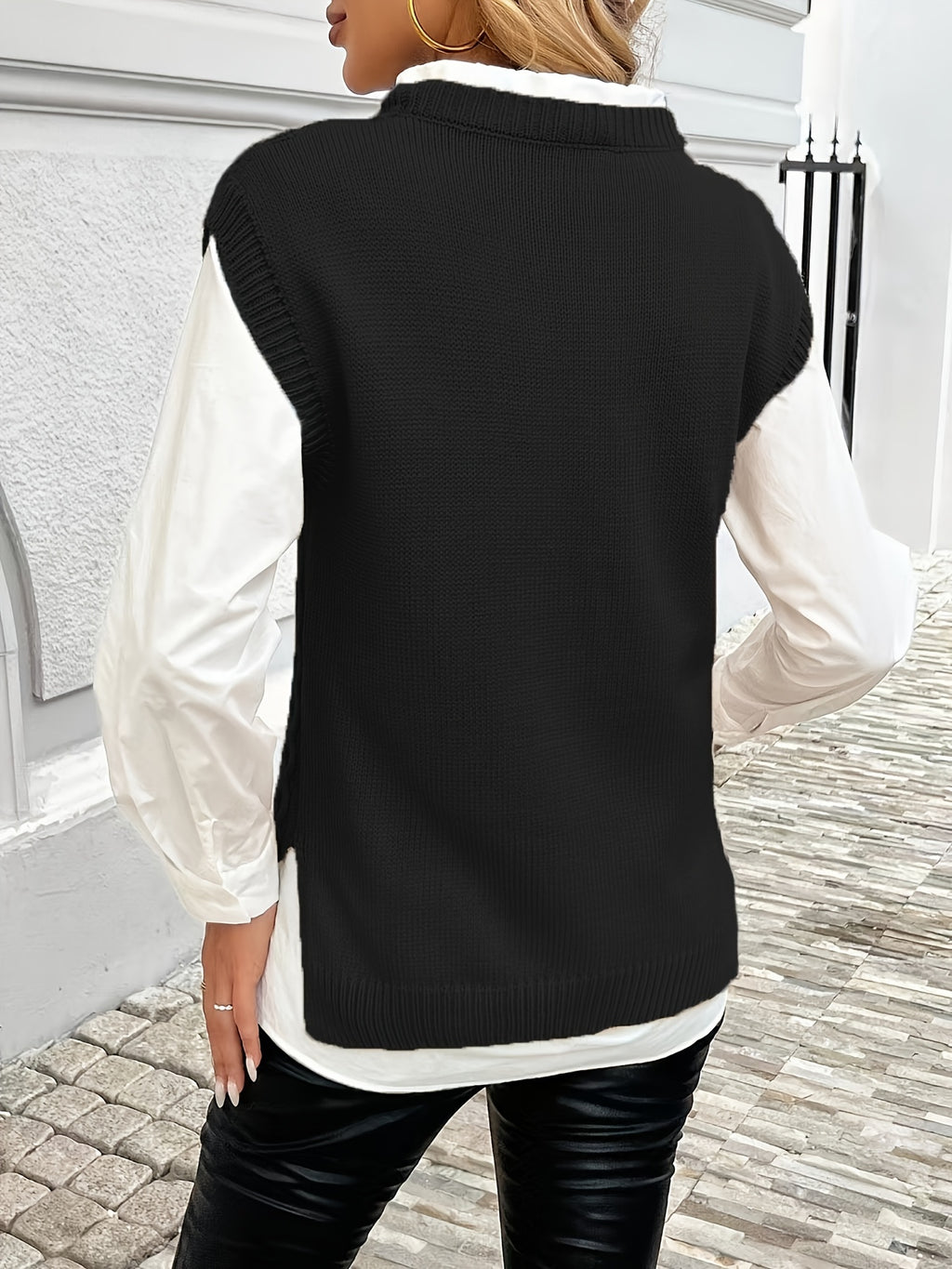 Cable Knit Sweater Vest Women Sleeveless Round Neck Slit Hem Solid Color Layering Top - Casual Semi-Formal Acrylic Knitwear Spring Summer Fall