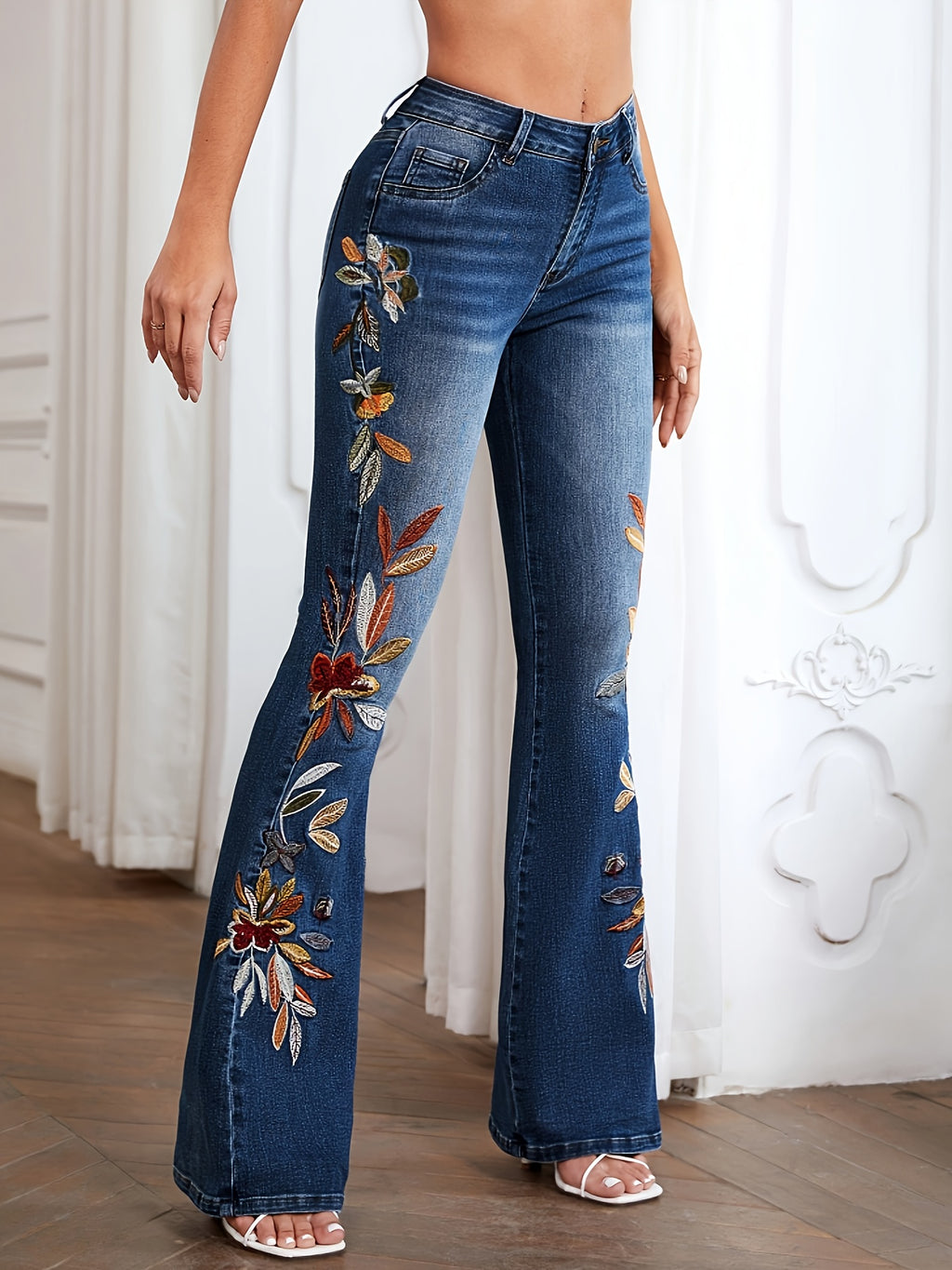 Women's Flared Denim Jeans Flower Embroidery Elastic Waist Washed Bootcut Casual All Season S-XXL