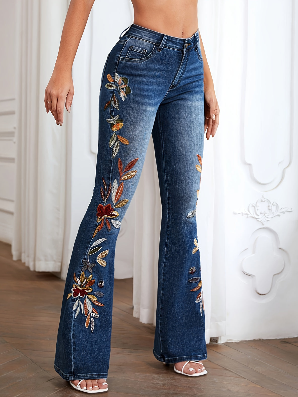 Women's Flared Denim Jeans Flower Embroidery Elastic Waist Washed Bootcut Casual All Season S-XXL