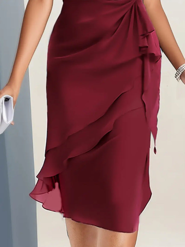 Chiffon Patchwork Dress for Women Slim Fit Round Neck Waist Twist Asymmetrical Ruffle Hem Wedding Guest Evening Party