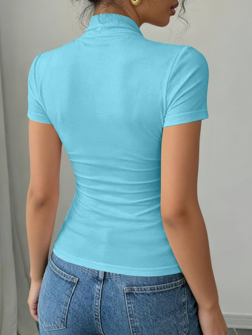 Sweetheart Neck Ruched Front T-Shirt Women Short Sleeve Slim Fit Stretch Tee Solid Color Fitted Casual Top Daily Work Travel Streetwear S-XXL