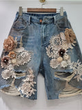 Lace Patchwork 3D Floral Ripped Denim Shorts for Women - Hollow Out Capri Style Elegant Summer Jean Shorts | Navy S-XXL