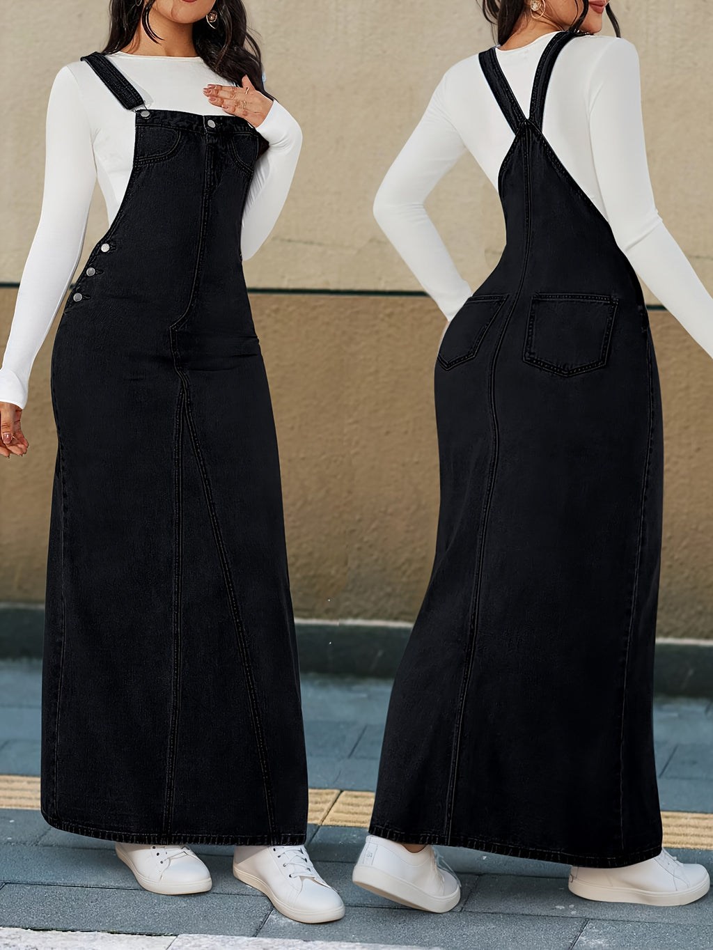 Women's Denim Maxi Dress Loose Fit Detachable Strap Button Closure Casual Chic Long Dress Spring Summer Fall