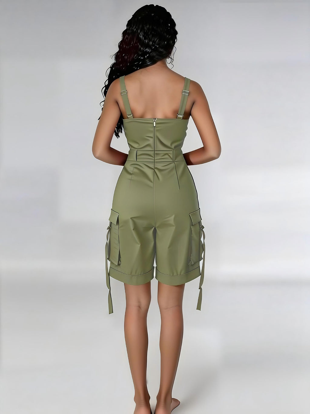 Cargo Romper Women Sleeveless Square Neck Suspender High Waist Wide Leg Overall Shorts Jumpsuit with Pockets Summer Casual Streetwear Rose Red Black White Green S-XXL