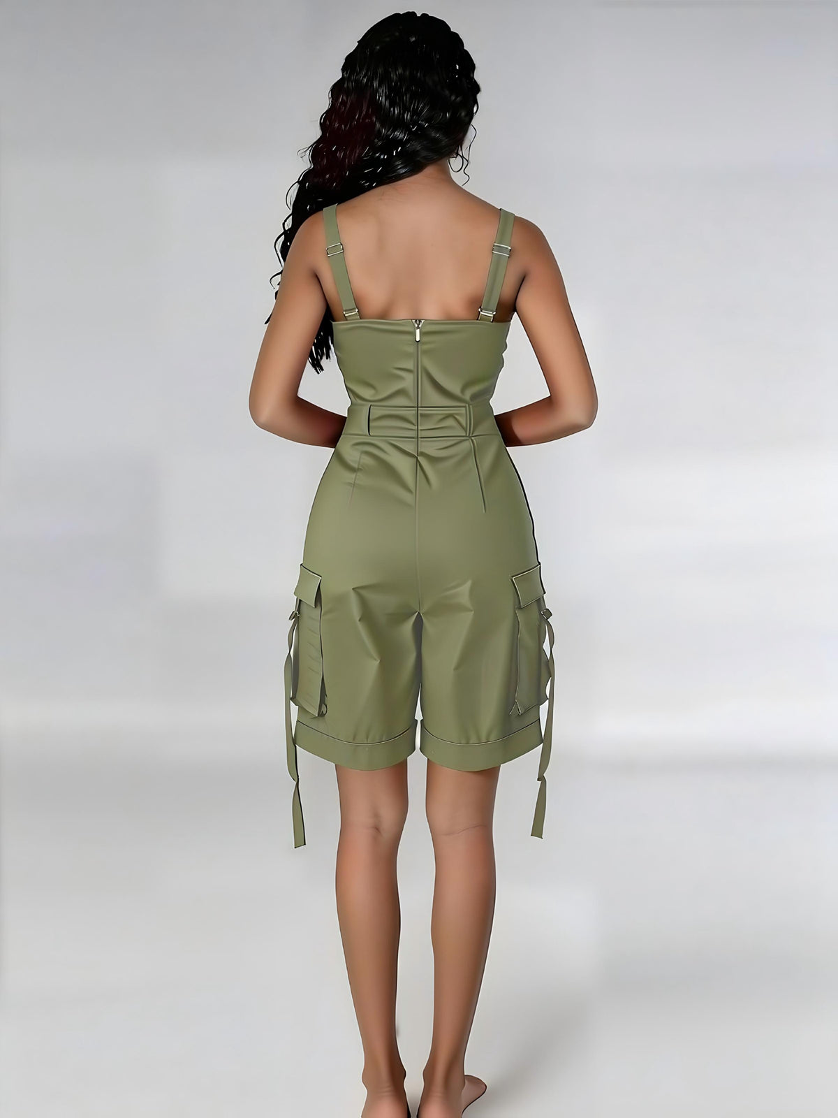 Cargo Romper Women Sleeveless Square Neck Suspender High Waist Wide Leg Overall Shorts Jumpsuit with Pockets Summer Casual Streetwear Rose Red Black White Green S-XXL