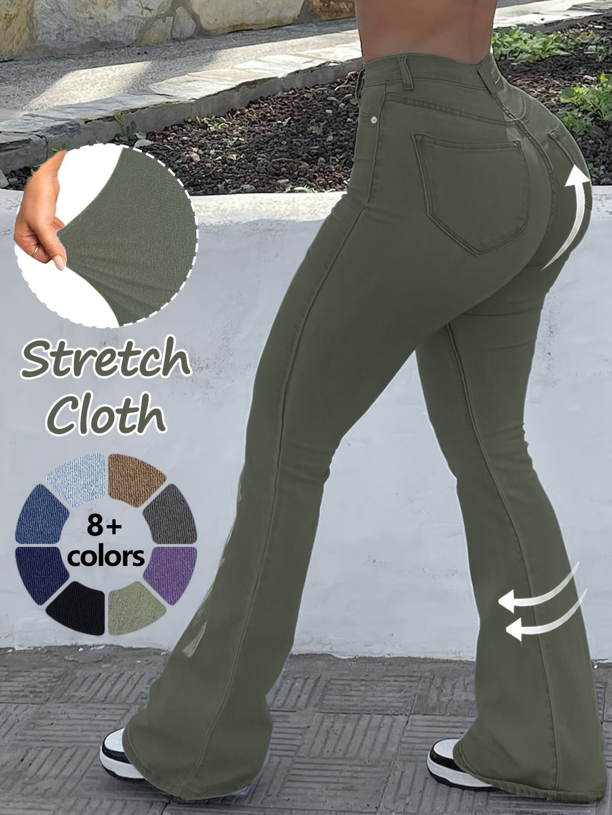 High Waist Stretch Flare Jeans Women Wide Leg Pants with Pockets – Solid Color Street Style, All-Season Comfortable Denim, Machine Washable