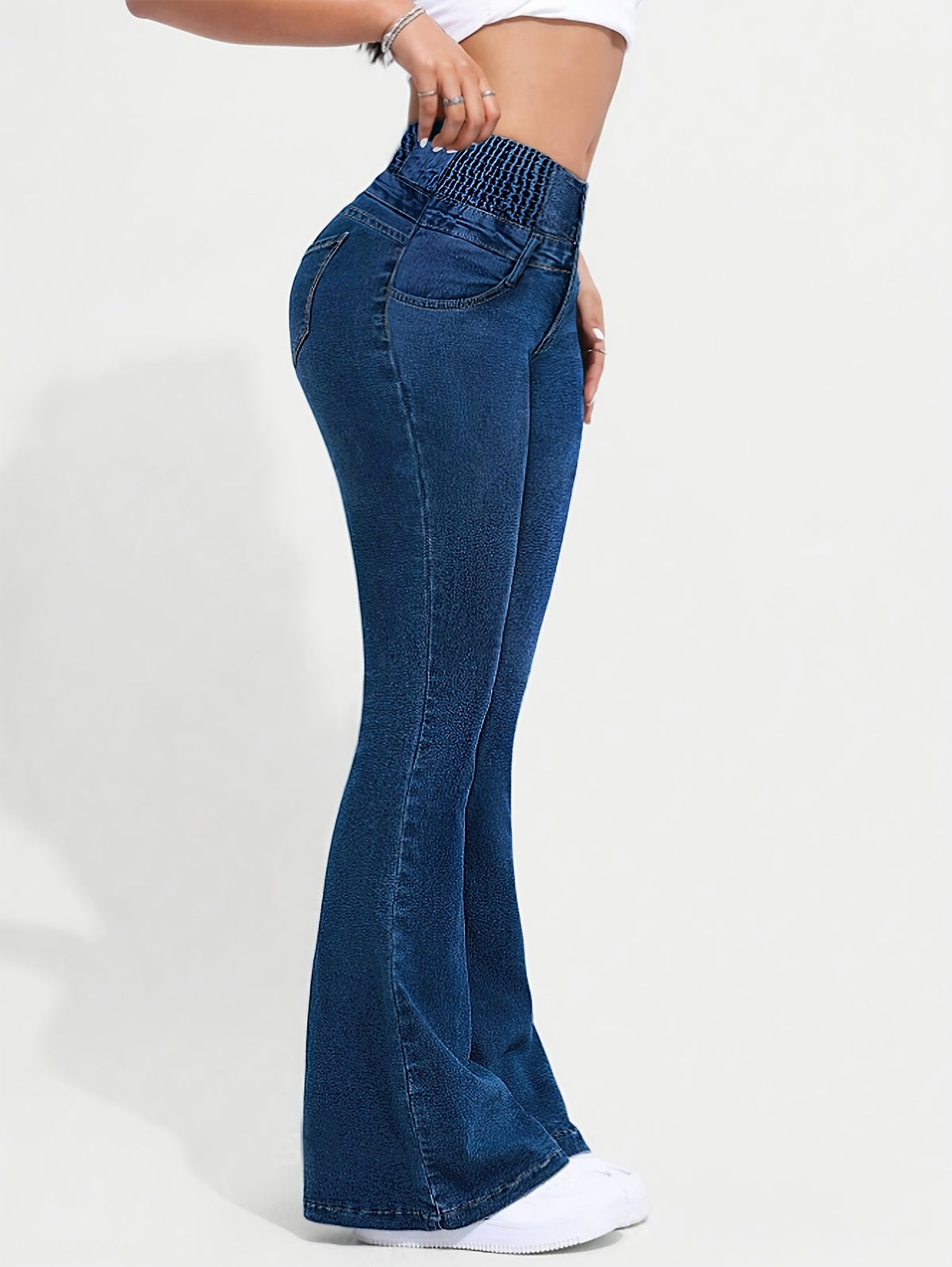 High Waist Flare Leg Jeans Women Vintage Shirring Detail Button Fly Medium Blue Denim All Season