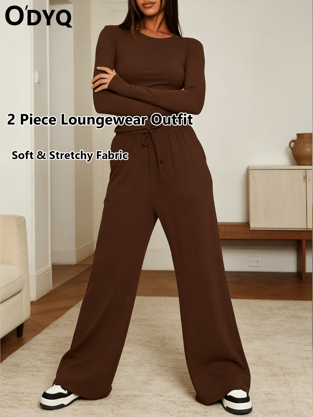 Women's 2 Piece Loungewear Set Casual Long Sleeve Top & High Waist Wide Leg Pants Sweatsuit Matching Outfit