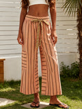 Striped Wide Leg Pants for Women – Horizontal Stripe Elastic Drawstring Waist Side Pockets, Casual Lounge Trousers Machine Washable Spring Summer Warm Weather Airy Comfortable Bottoms S-XXL