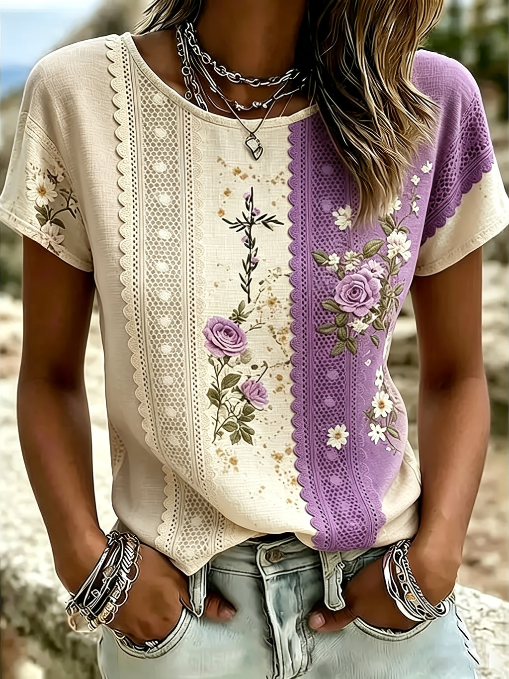 Y2K Geometric Allover Print Boho T-Shirt Women Loose Fit Short Sleeve Round Neck Floral Summer Top Soft Stretch Casual Party Daily Wear S-XXL