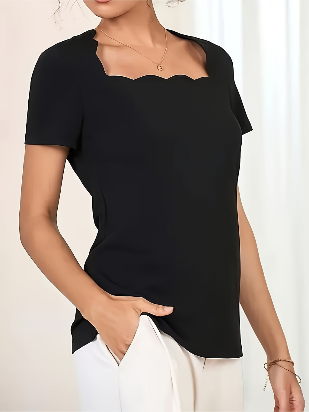 Square Neck T-Shirt Women Black Short Sleeve Casual Elegant Summer Daily Wear Machine Washable S-XXL