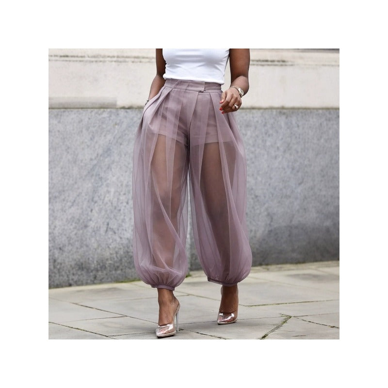 Mesh Tulle Harem Pants Women High Waist Built-In Shorts Balloon Wide Leg Trousers Solid Color Pockets Spring Summer Casual 9/10 Length S-XXL