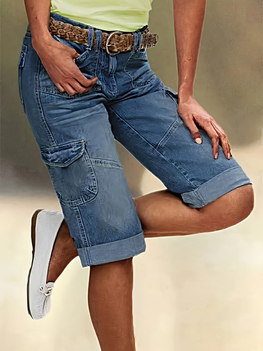 Cargo Capri Jeans Women Heavy Wash Splicing Design Elastic Fabric Hip Lifting Medium Blue Summer Leisure 5 Point Denim Shorts S-XXL