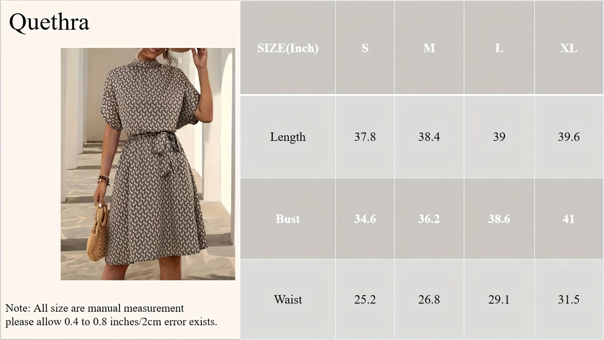 Women's Print Tent Dress Round Neck Tie Belt Short Sleeve Casual Spring Summer Knee Length S-XL