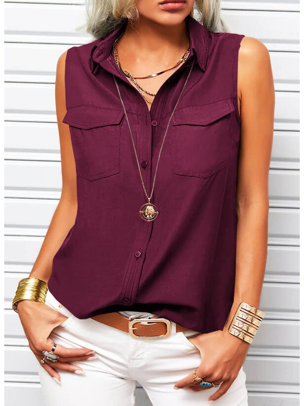 Sleeveless Button Lapel Shirt Women Solid Color Office Tank Top Summer | Casual Work Collared Vest Blouse Lightweight Everyday Wear S-XXL