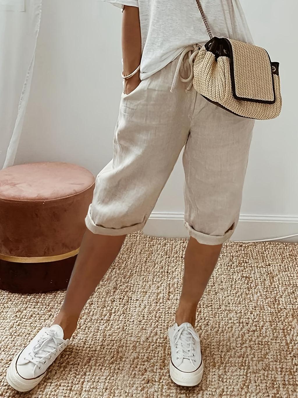 Boyfriend Capri Pants Set Women 3-Piece Drawstring Waist Curled Hem Pockets Casual Holiday Beach Summer Relaxed