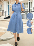 Short Sleeve Long Denim Dress Women Flared Hem With Pockets Solid Color Non-Stretch Regular Fit Spring Summer Fall Casual Maxi Jean Dress