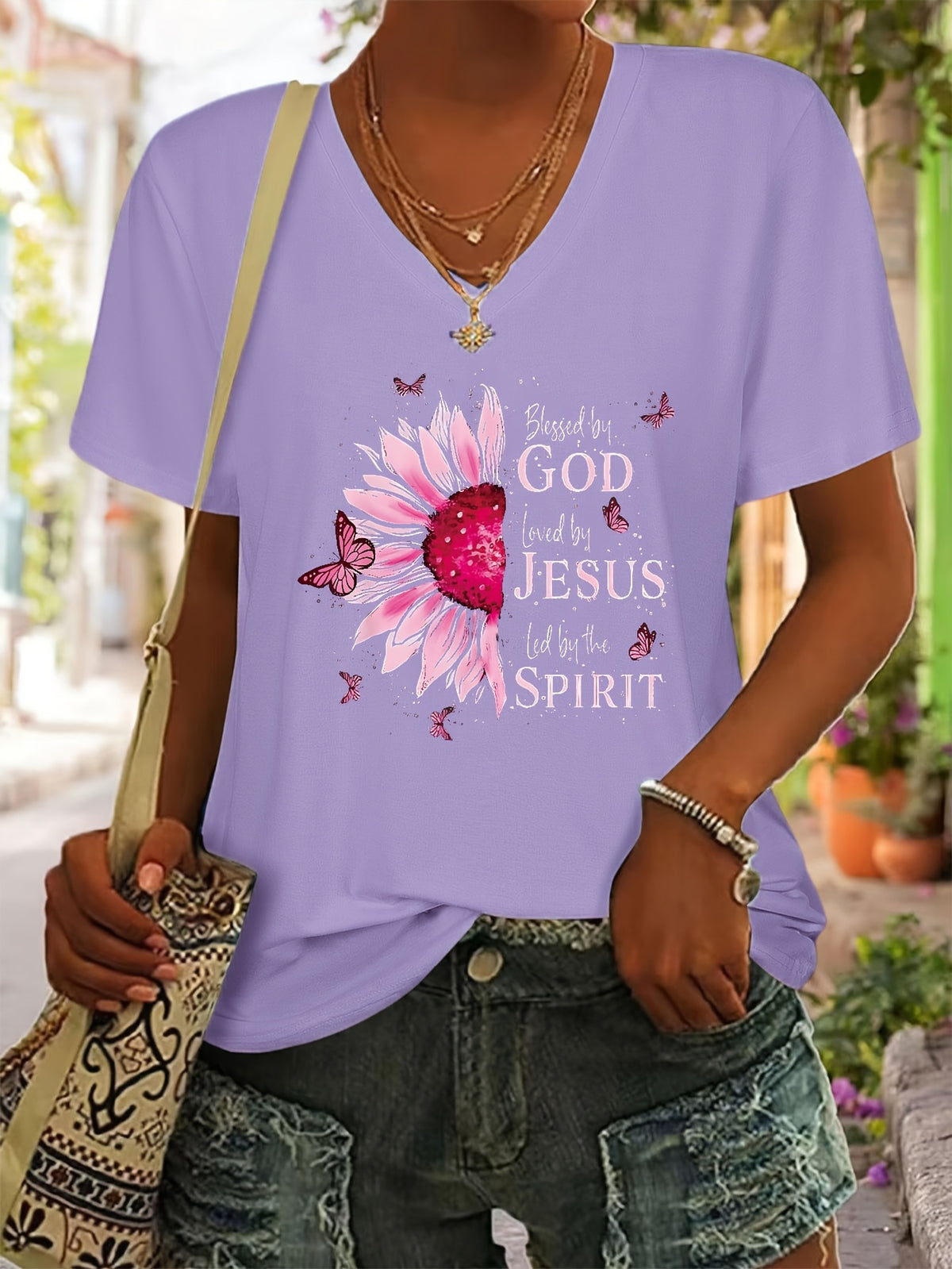 Printed V-Neck T-Shirt Women Casual Short Sleeve Summer Top 5 Colors S-XXL
