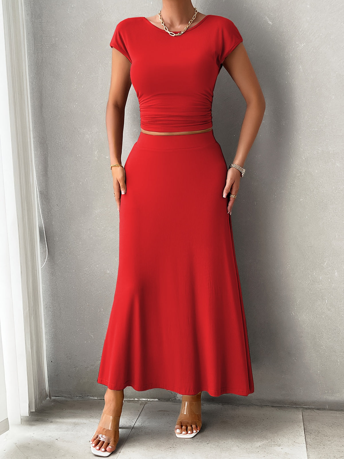 Women's 2pcs Lounge Set Crew Neck Short Sleeve Crop Top & Elastic Waist Maxi Skirt Soft Stretch Casual Summer Vacation Matching Outfit