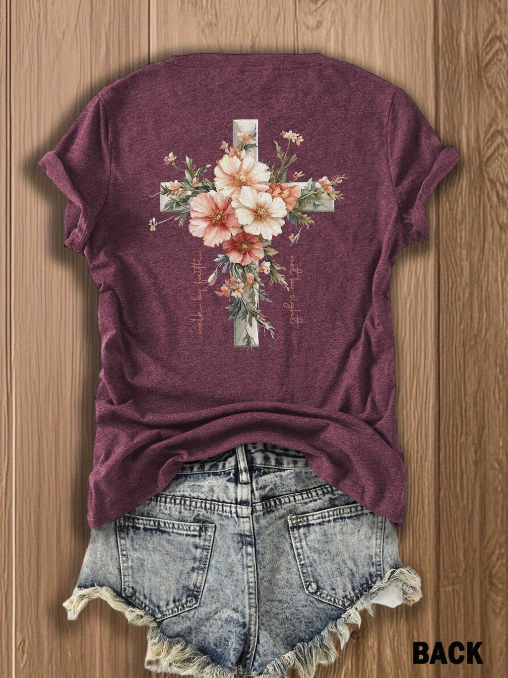 Jesus Floral Cross Double-Sided Print T-Shirt for Women - Faith Inspired Crew Neck Casual Christian Tee Summer Trendy Graphic Top
