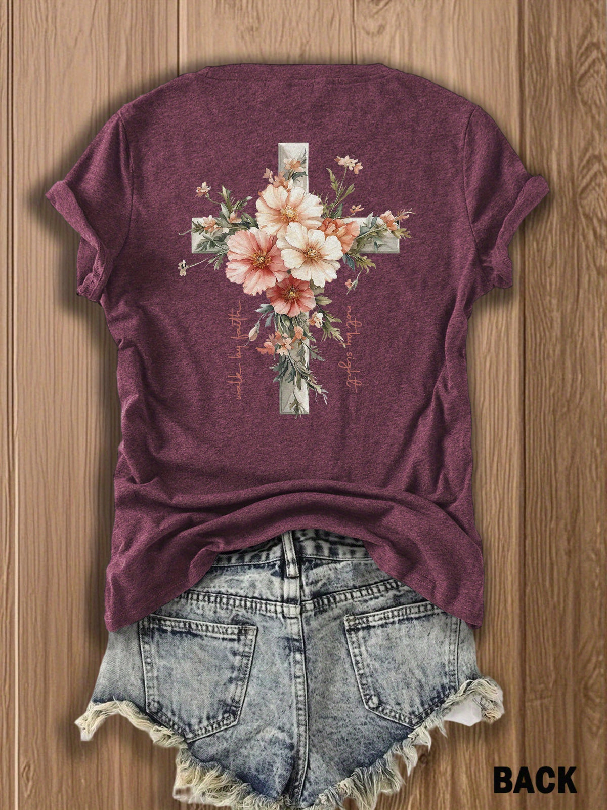 Jesus Floral Cross Double-Sided Print T-Shirt for Women - Faith Inspired Crew Neck Casual Christian Tee Summer Trendy Graphic Top