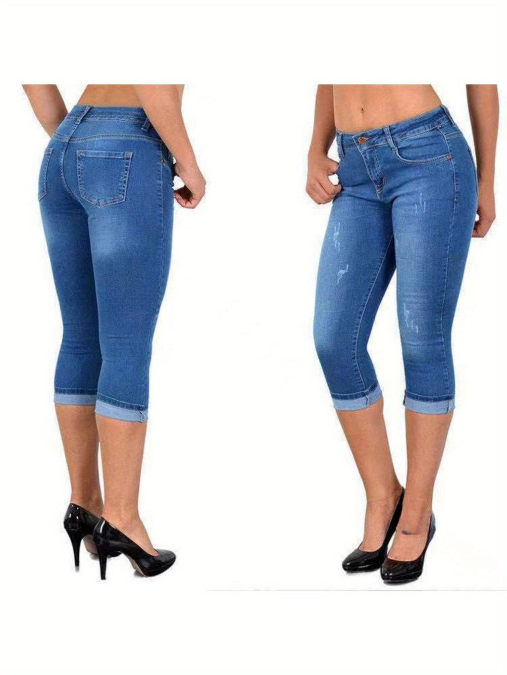Stretch Skinny Capri Jeans Women Elastic Waist Cropped Denim Pants Street Style Summer Black Light Blue Dark Blue S M L XL XXL
