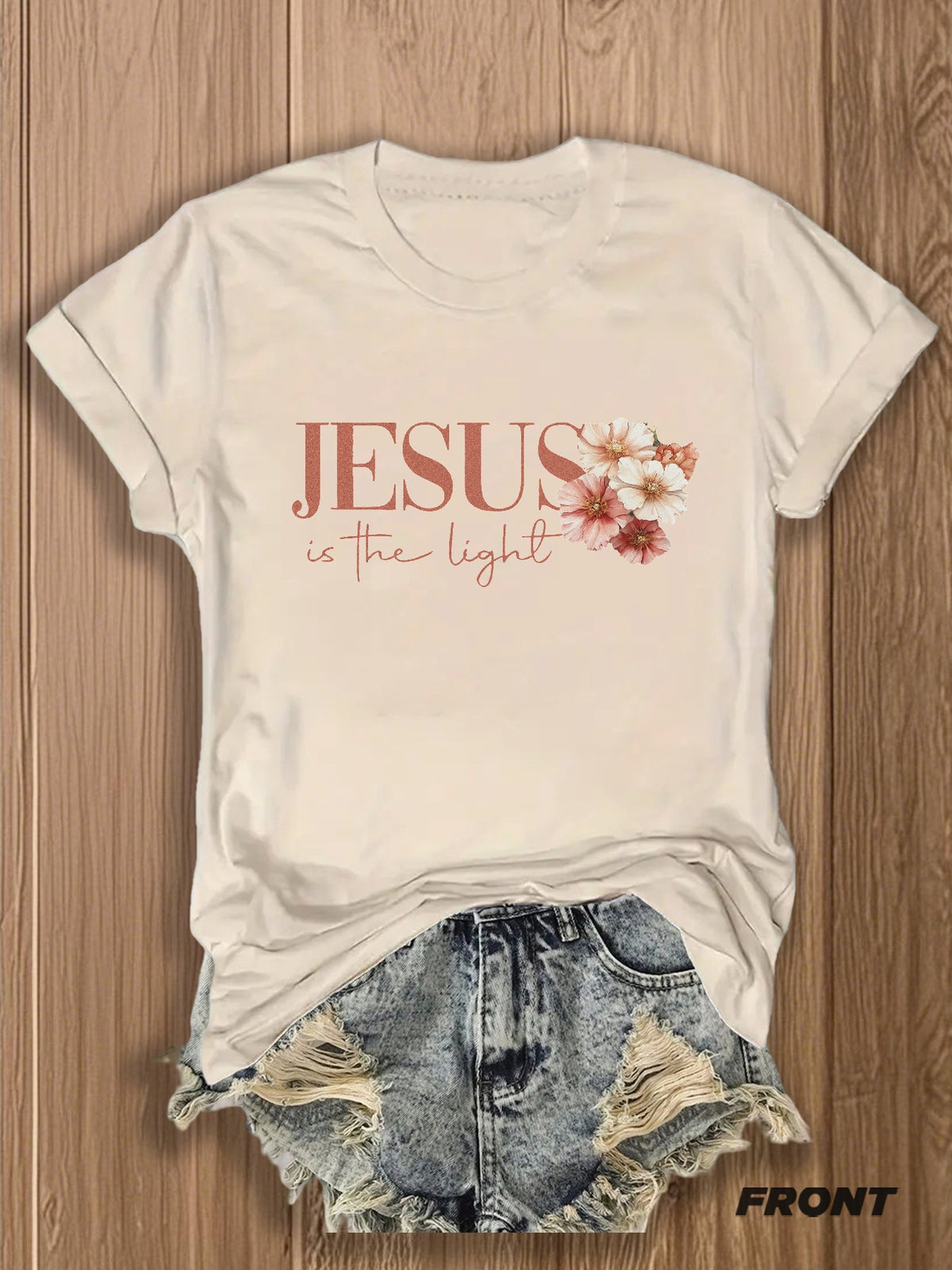 Jesus Floral Cross Double-Sided Print T-Shirt for Women - Faith Inspired Crew Neck Casual Christian Tee Summer Trendy Graphic Top