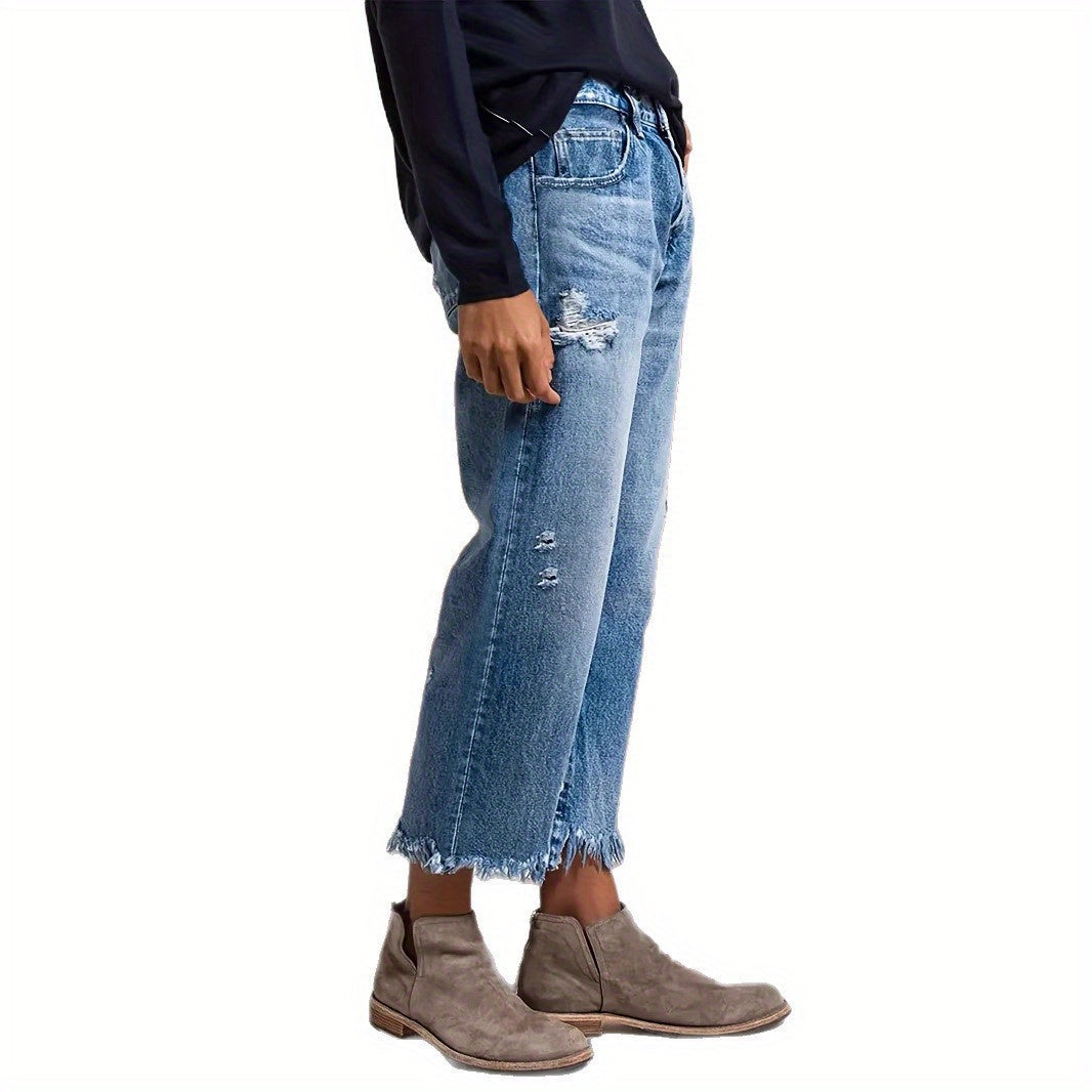 Tassel Hem Slim Jeans for Women Casual Straight Leg Blue Denim Pants All-Match Fringe Trouser Legs Everyday Fashion S-XXL