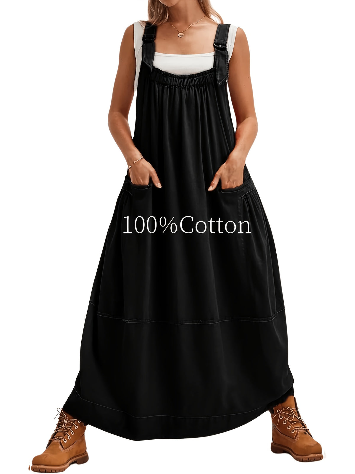 Overall Dress Women Loose Adjustable Strap Midi Length Big Pockets Workwear Casual Bib Jumper Dress Spring Summer S M L XL XXL